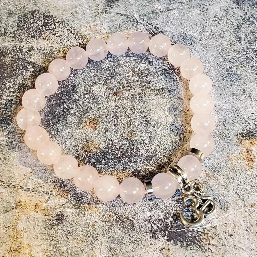 Om Aum Zen Mantra Pink Rose Quartz Gemstone Stretch Bracelet